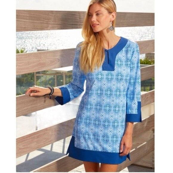 Cabana Life Moroccan Tile Tunic Dress in  BlueSwim Cover-Upin Blue Size M - Picture 1 of 12